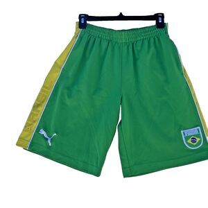 Boys Green Yellow Puma Brazil Shorts Size Boys L W/ Pockets and Logo